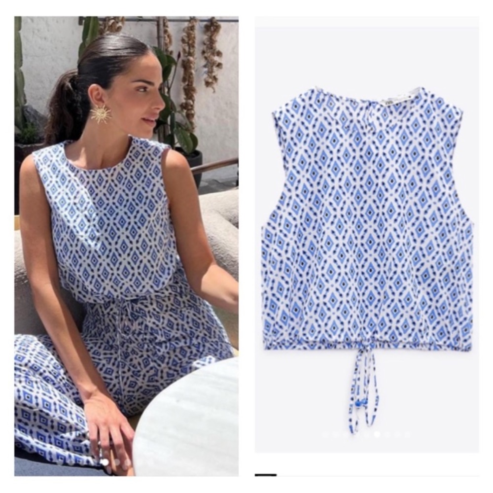 Zara NWT the Ava 100% cotton crop top blue and white print size Large
